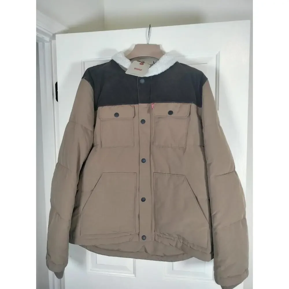 NWT Levi's Quilted Woodsman Puffer Jacket Sz L (Tag Says M) Brown & Tan